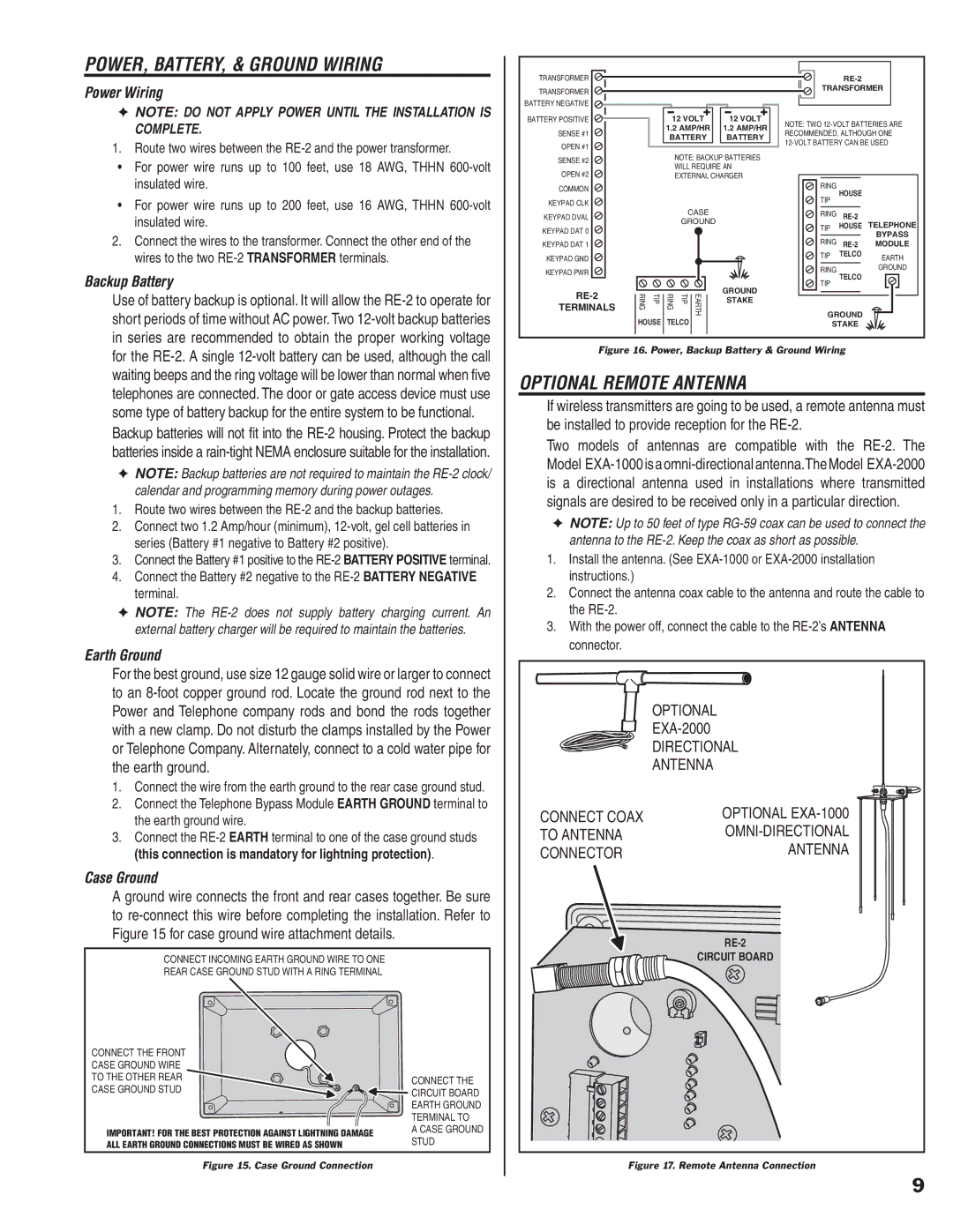 Linear RE-2 manual POWER, BATTERY, & Ground Wiring, Optional Remote Antenna, Power Wiring, Backup Battery, Case Ground 