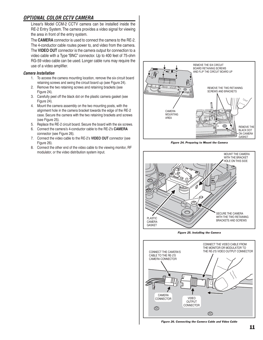 Linear RE-2 manual Optional Color Cctv Camera, Camera Installation 