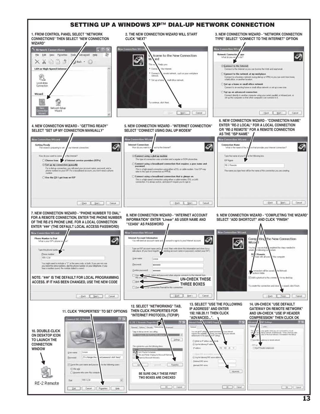 Linear RE-2 manual Setting UP a Windows XP DIAL-UP Network Connection 