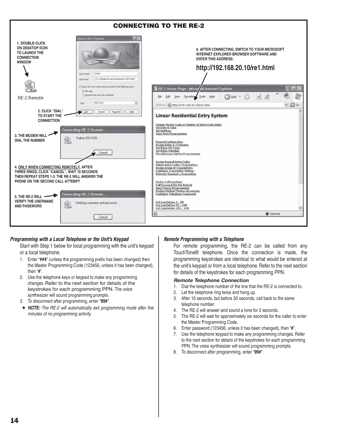 Linear RE-2 manual Programming with a Local Telephone or the Unit’s Keypad, Remote Programming with a Telephone 