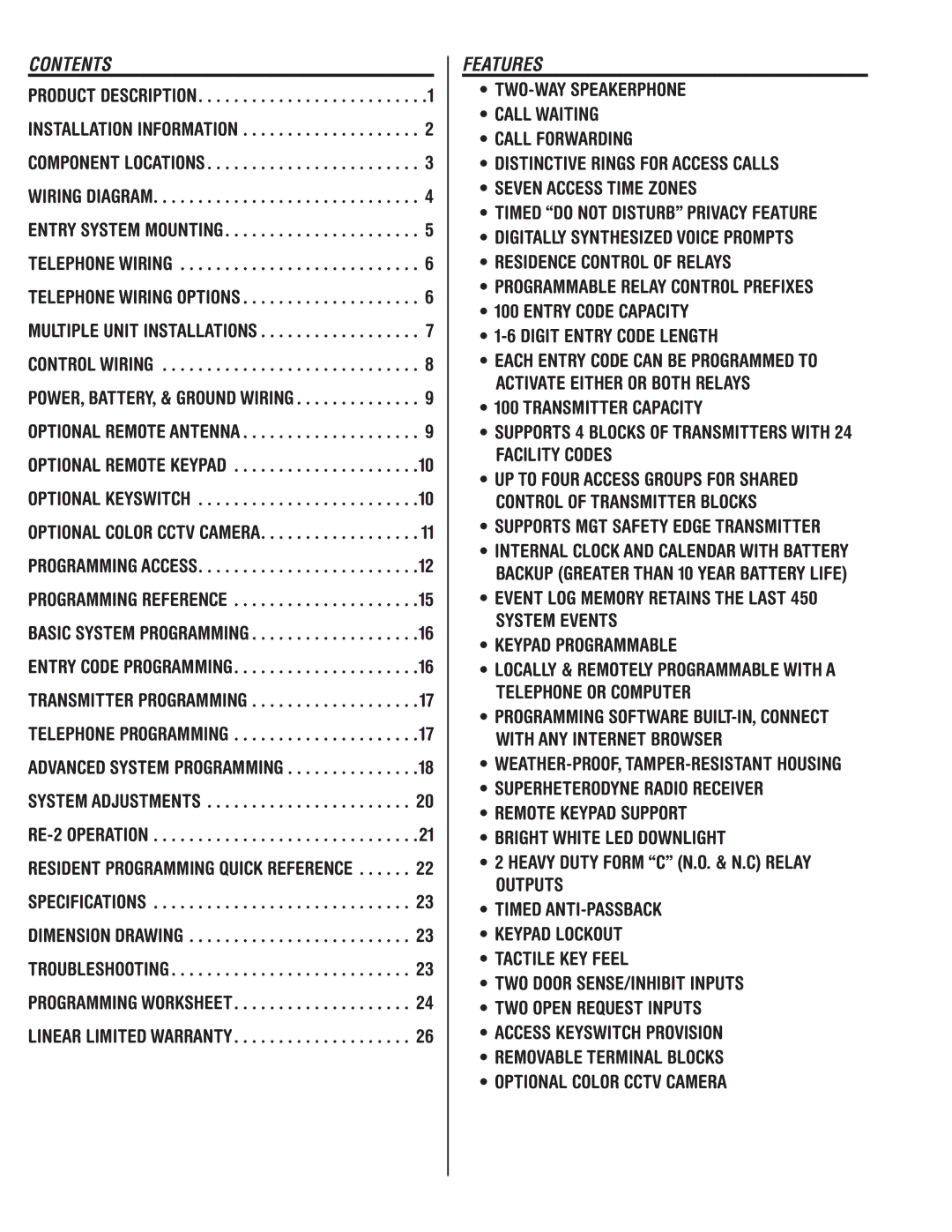 Linear RE-2 manual Contents, Features 