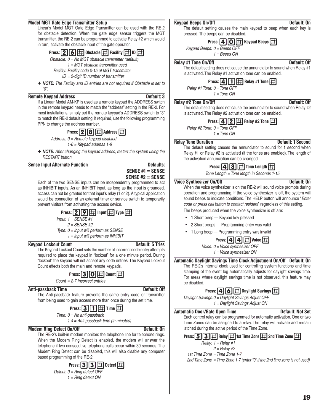 Linear RE-2 Press Obstacle Facility ID, Press Address, Press Input Type, Press Count, Press Detect, Press Keypad Beeps 