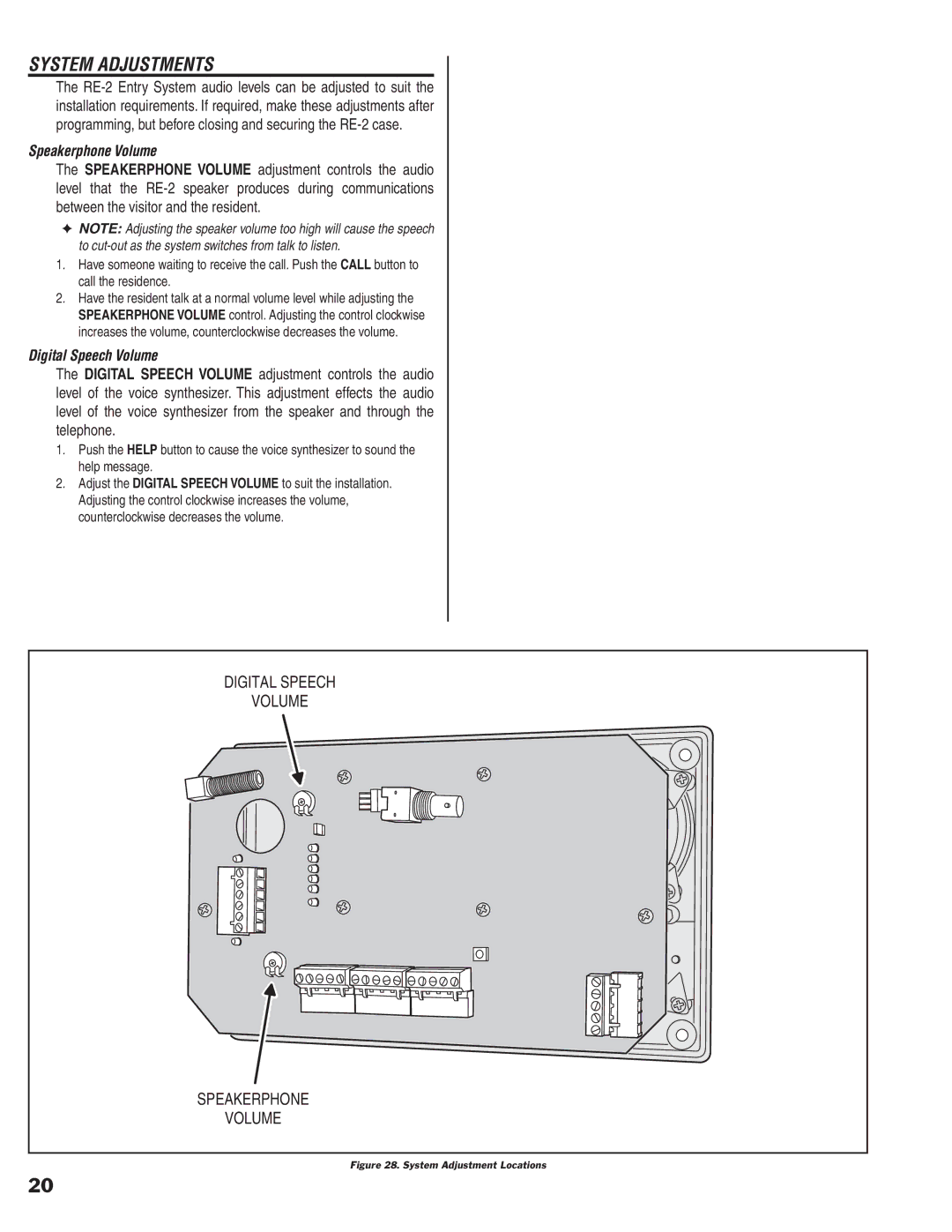 Linear RE-2 manual System Adjustments, Speakerphone Volume, Digital Speech Volume 