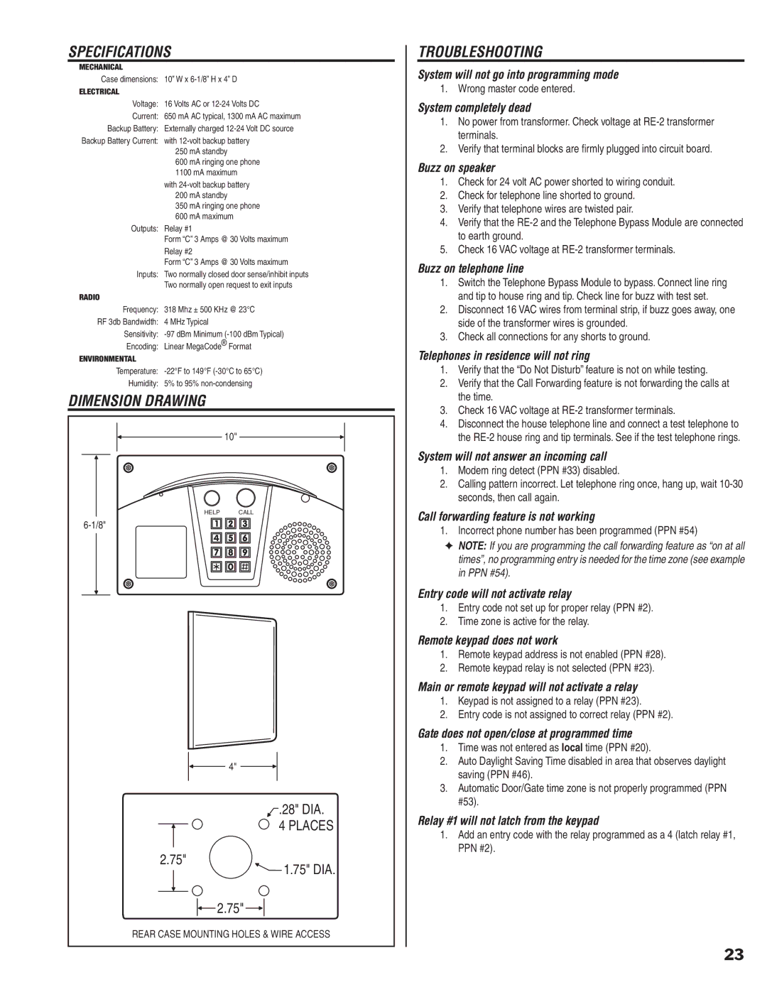 Linear RE-2 manual Specifications, Dimension Drawing, Troubleshooting 