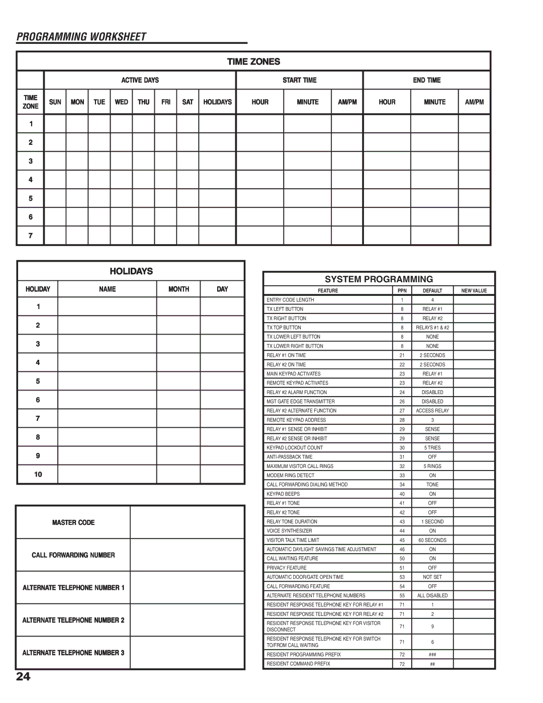 Linear RE-2 manual Programming Worksheet, Time Zones 