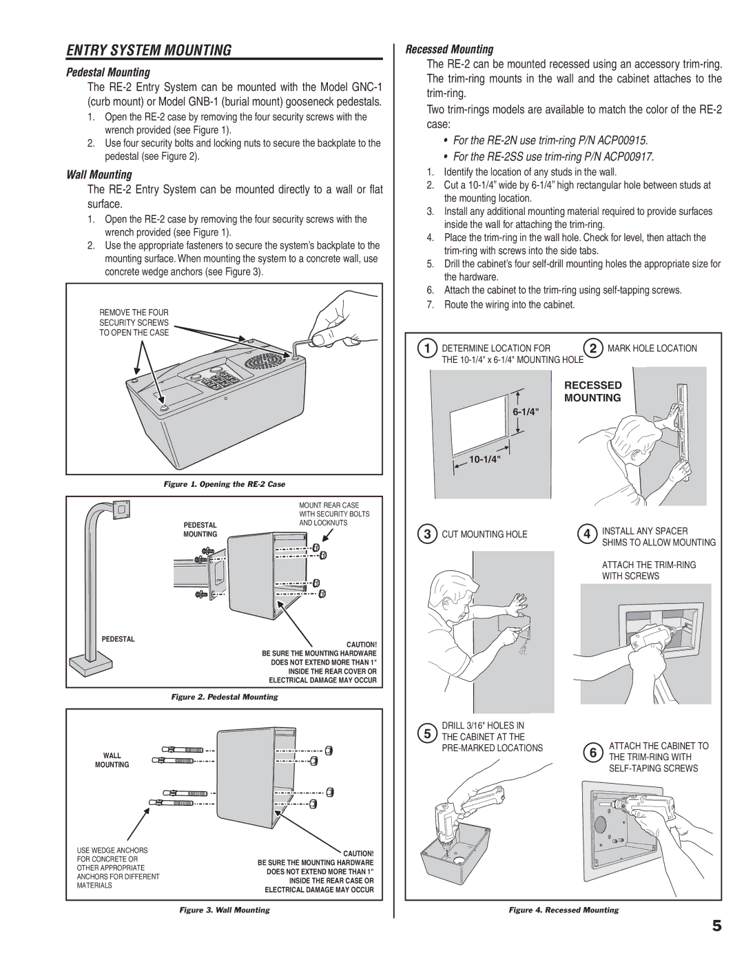 Linear RE-2 manual Entry System Mounting, Pedestal Mounting, Wall Mounting, Recessed Mounting 