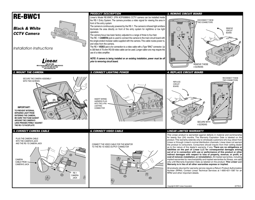 Linear RE-BWC1 installation instructions Black & White, Cctv Camera, Installation Instructions 