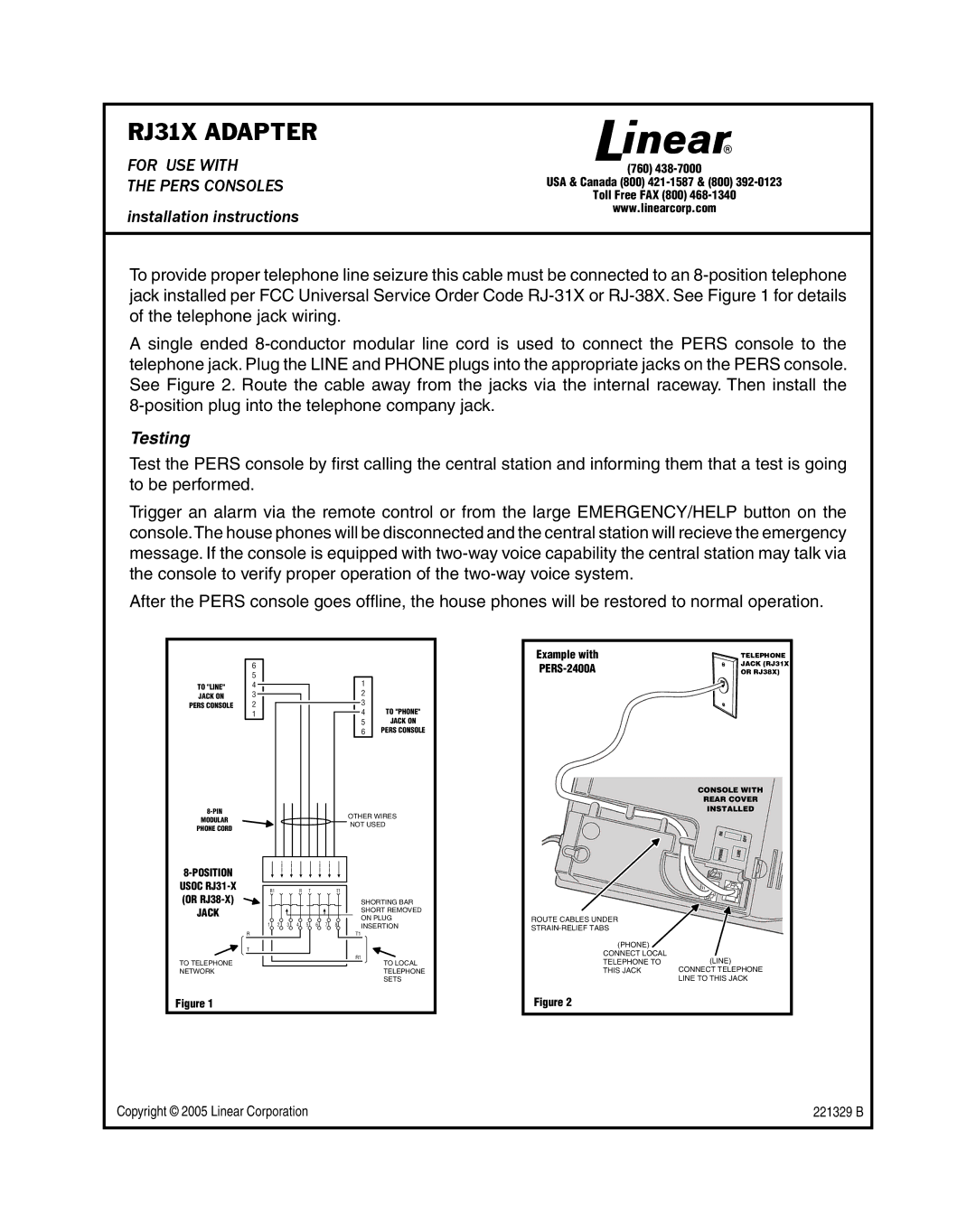 Linear installation instructions RJ31X Adapter, For USE with, Testing, Position, Jack 