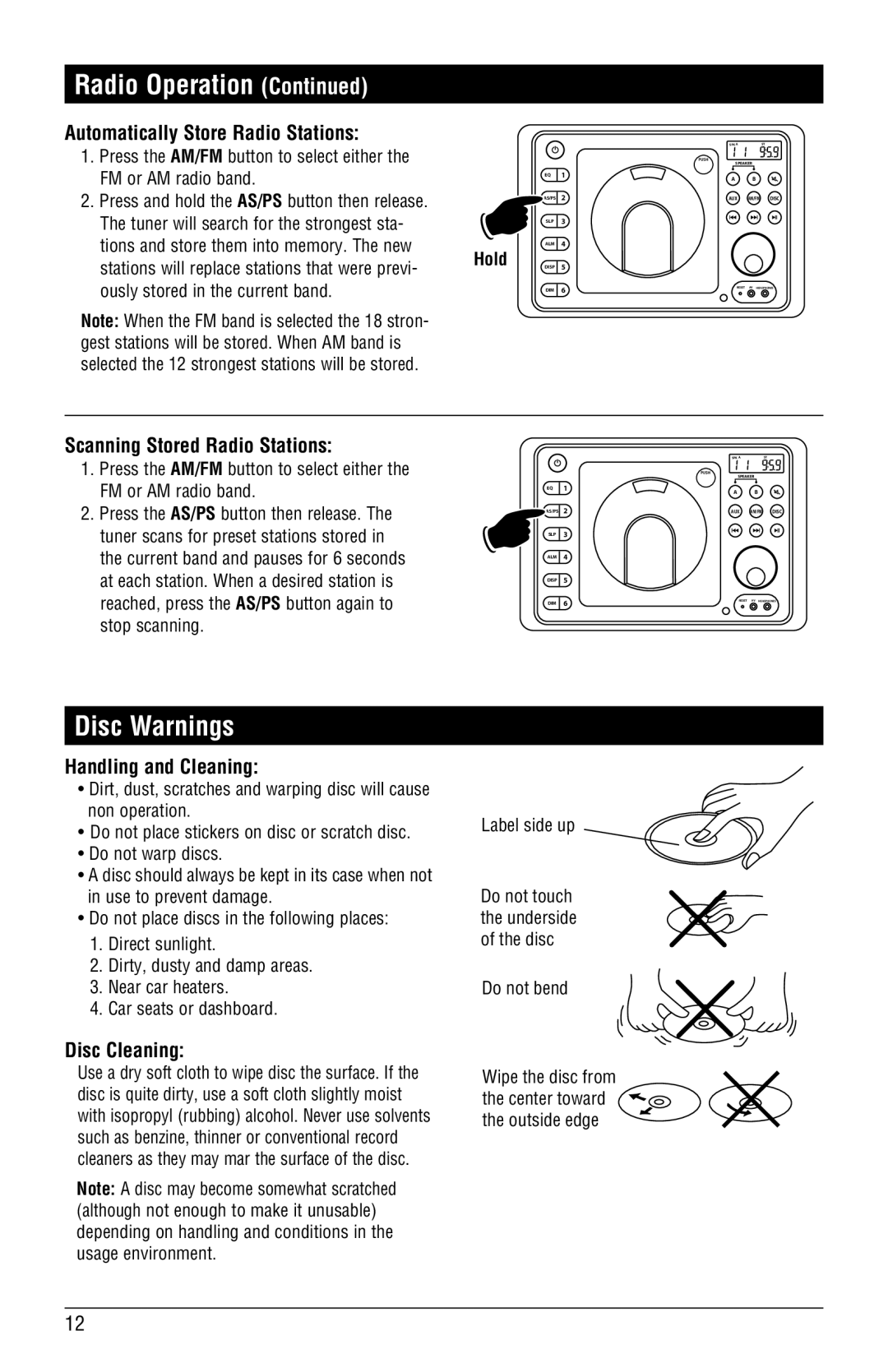 Linear RV4500 installation manual Radio Operation, Disc Warnings 