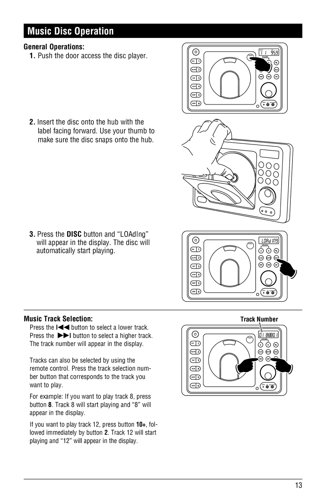 Linear RV4500 Music Disc Operation, General Operations, Music Track Selection, Press the Disc button and LOAdIng 