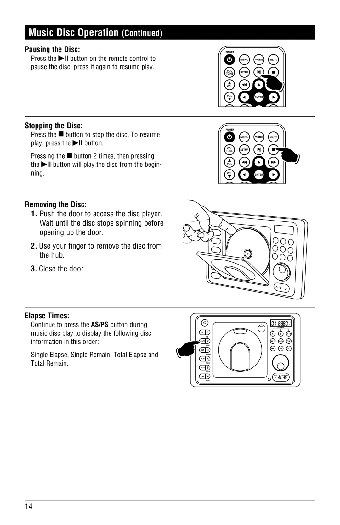 Linear RV4500 installation manual Pausing the Disc, Stopping the Disc, Removing the Disc, Elapse Times 