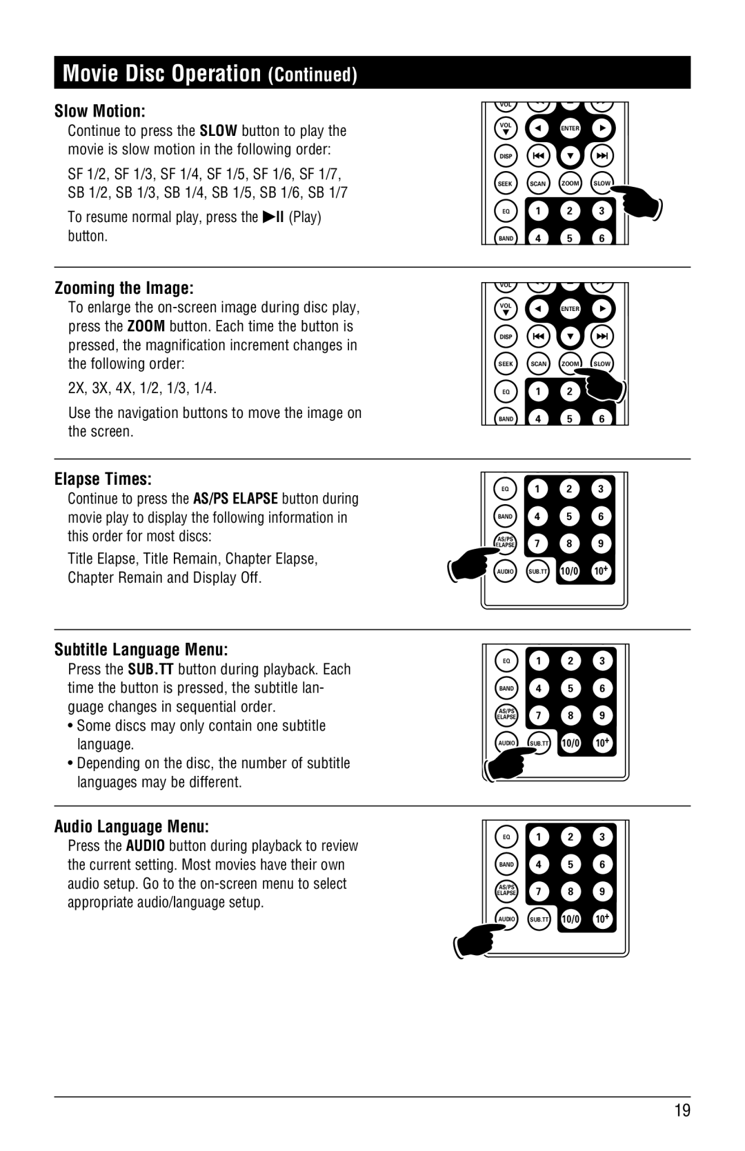 Linear RV4500 installation manual Slow Motion, Zooming the Image, Subtitle Language Menu, Audio Language Menu 