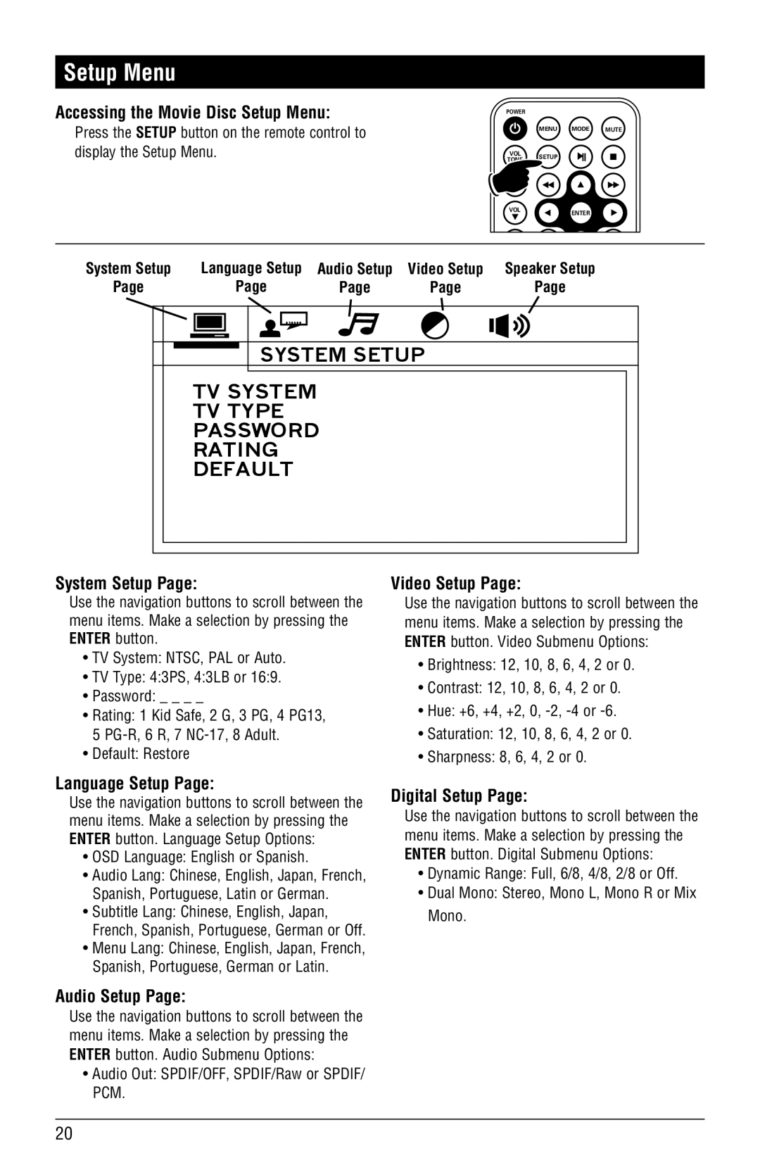 Linear RV4500 installation manual Setup Menu 