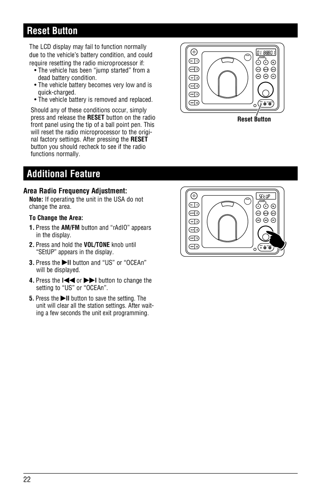 Linear RV4500 installation manual Reset Button, Additional Feature, Area Radio Frequency Adjustment, To Change the Area 