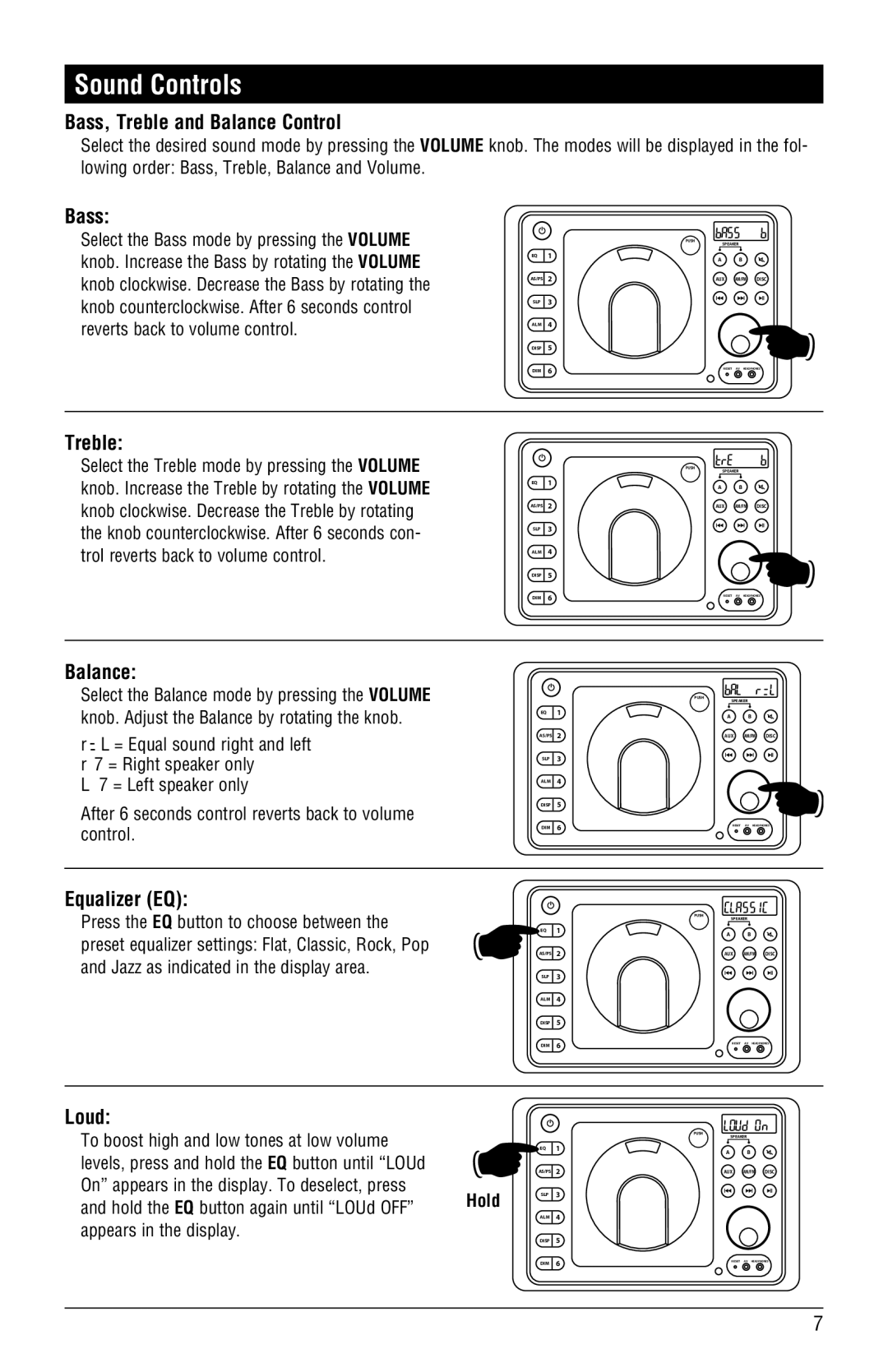 Linear RV4500 installation manual Bass, Treble and Balance Control, Equalizer EQ, Loud 