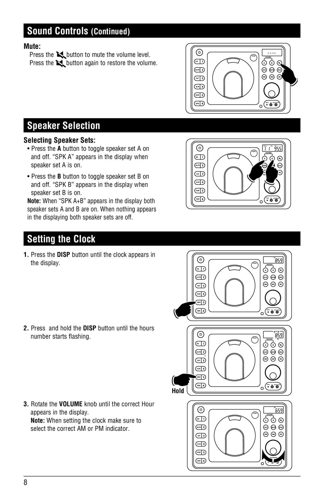 Linear RV4500 installation manual Speaker Selection, Setting the Clock, Mute, Selecting Speaker Sets 