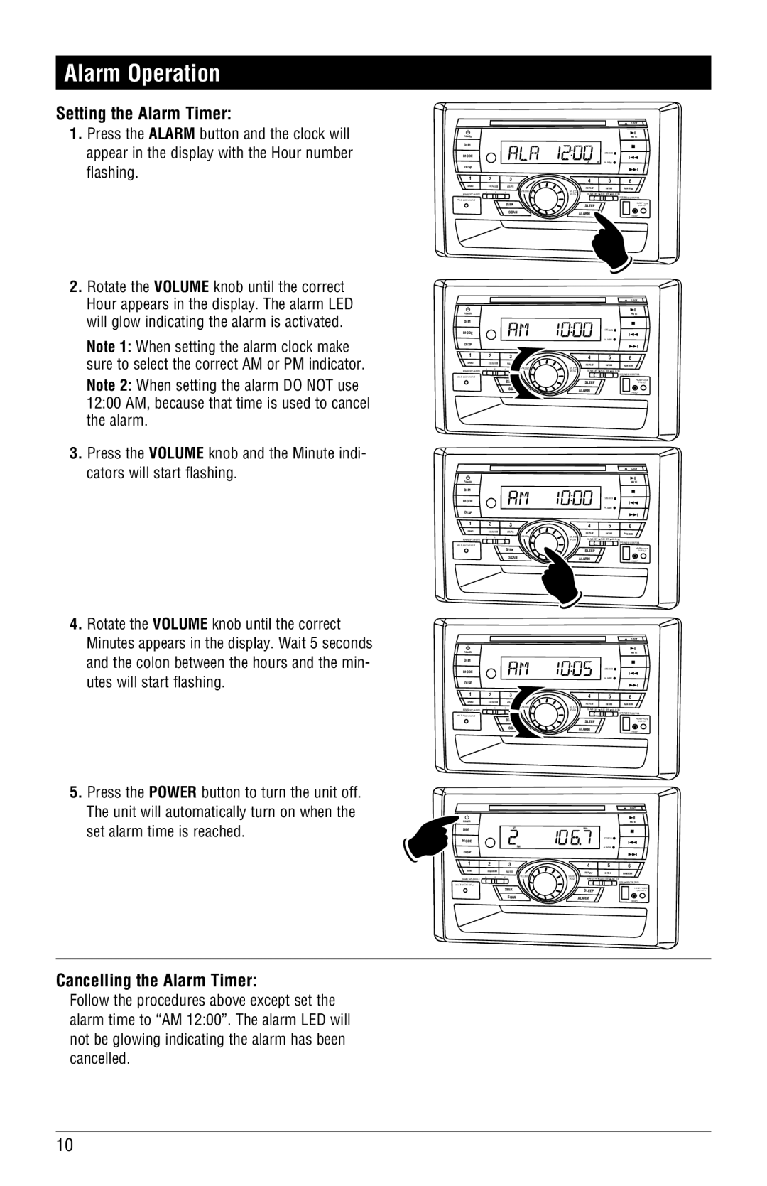 Linear RV5055 installation manual Alarm Operation, Setting the Alarm Timer, Cancelling the Alarm Timer 