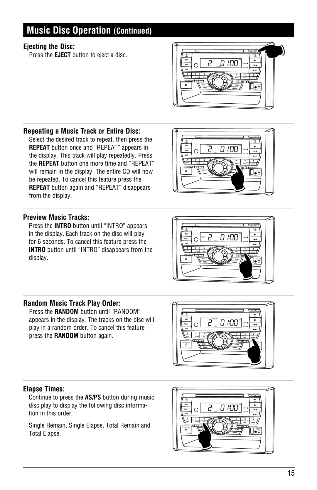 Linear RV5055 Ejecting the Disc, Repeating a Music Track or Entire Disc, Preview Music Tracks, Elapse Times 