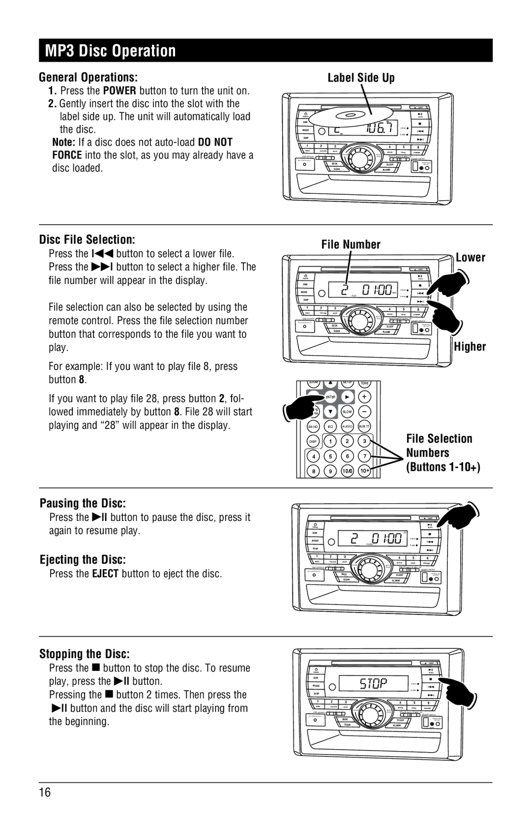 Linear RV5055 installation manual MP3 Disc Operation, Disc File Selection, Press the Eject button to eject the disc 