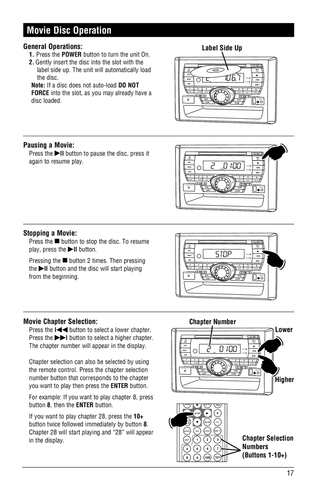 Linear RV5055 Movie Disc Operation, Pausing a Movie, Stopping a Movie, Movie Chapter Selection, Chapter Number 