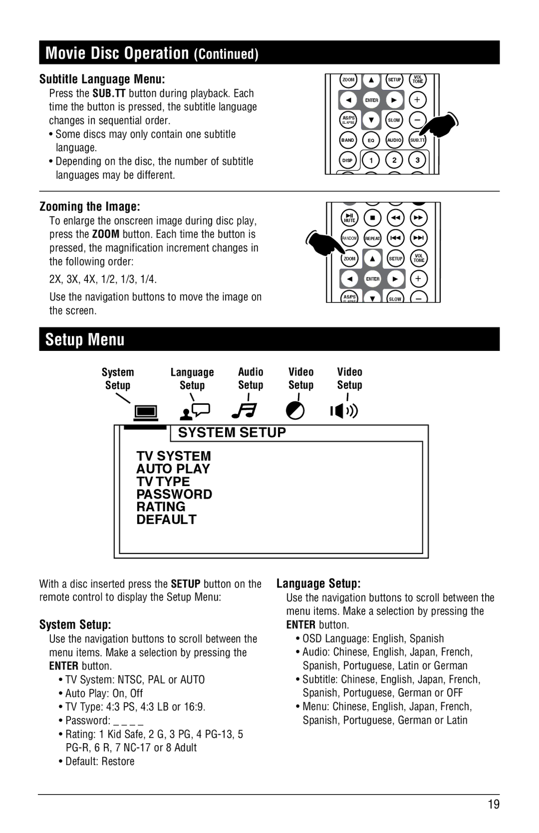 Linear RV5055 installation manual Setup Menu, Subtitle Language Menu, Zooming the Image, System Setup, Language Setup 