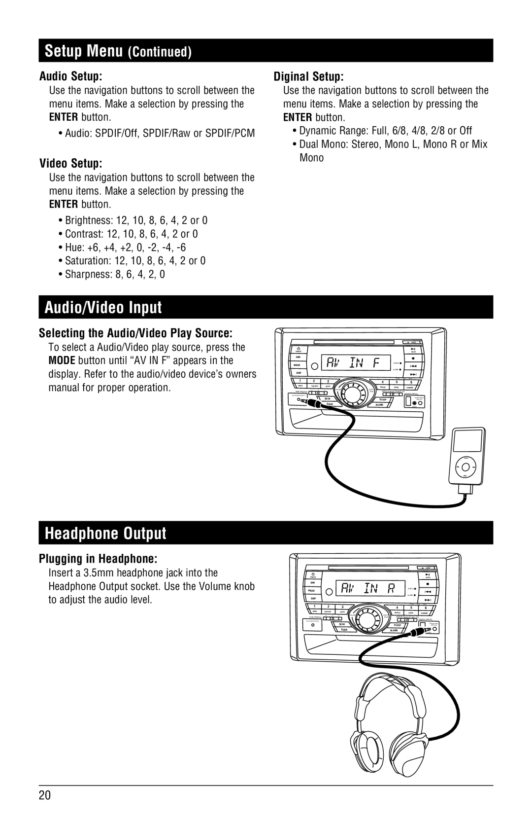 Linear RV5055 installation manual Audio/Video Input, Headphone Output 