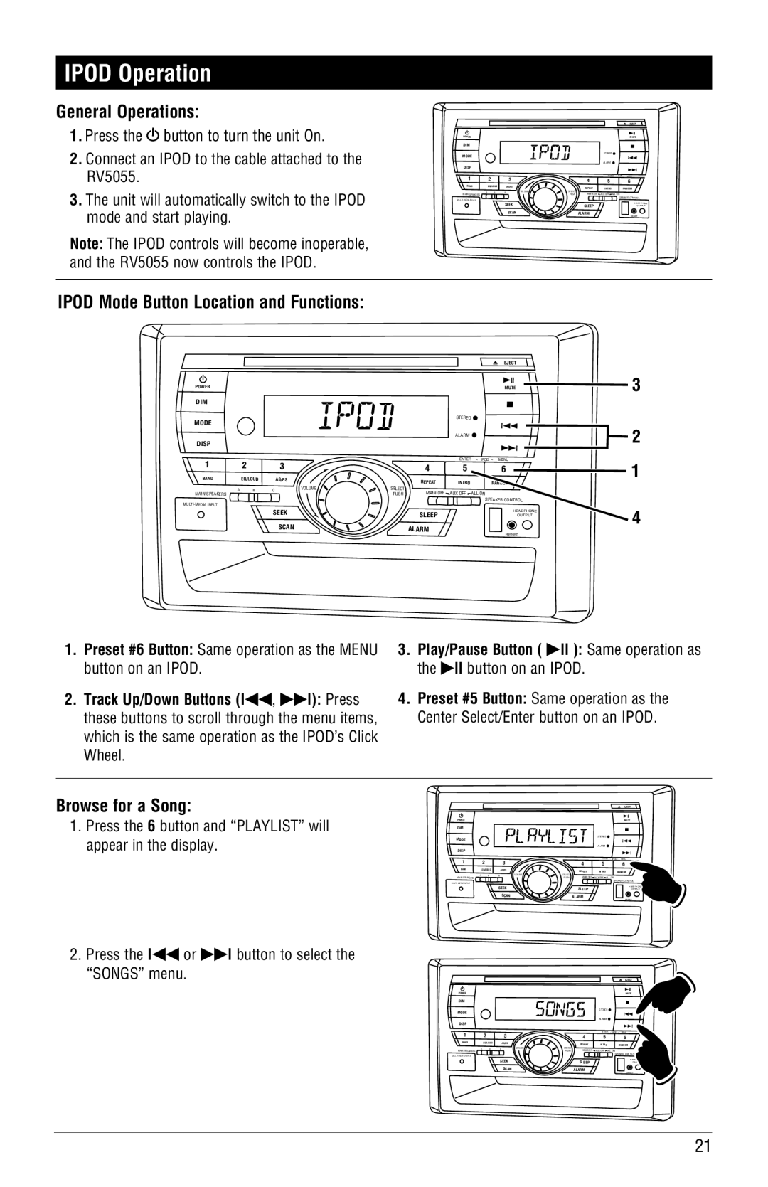 Linear RV5055 installation manual Ipod Operation, Browse for a Song 