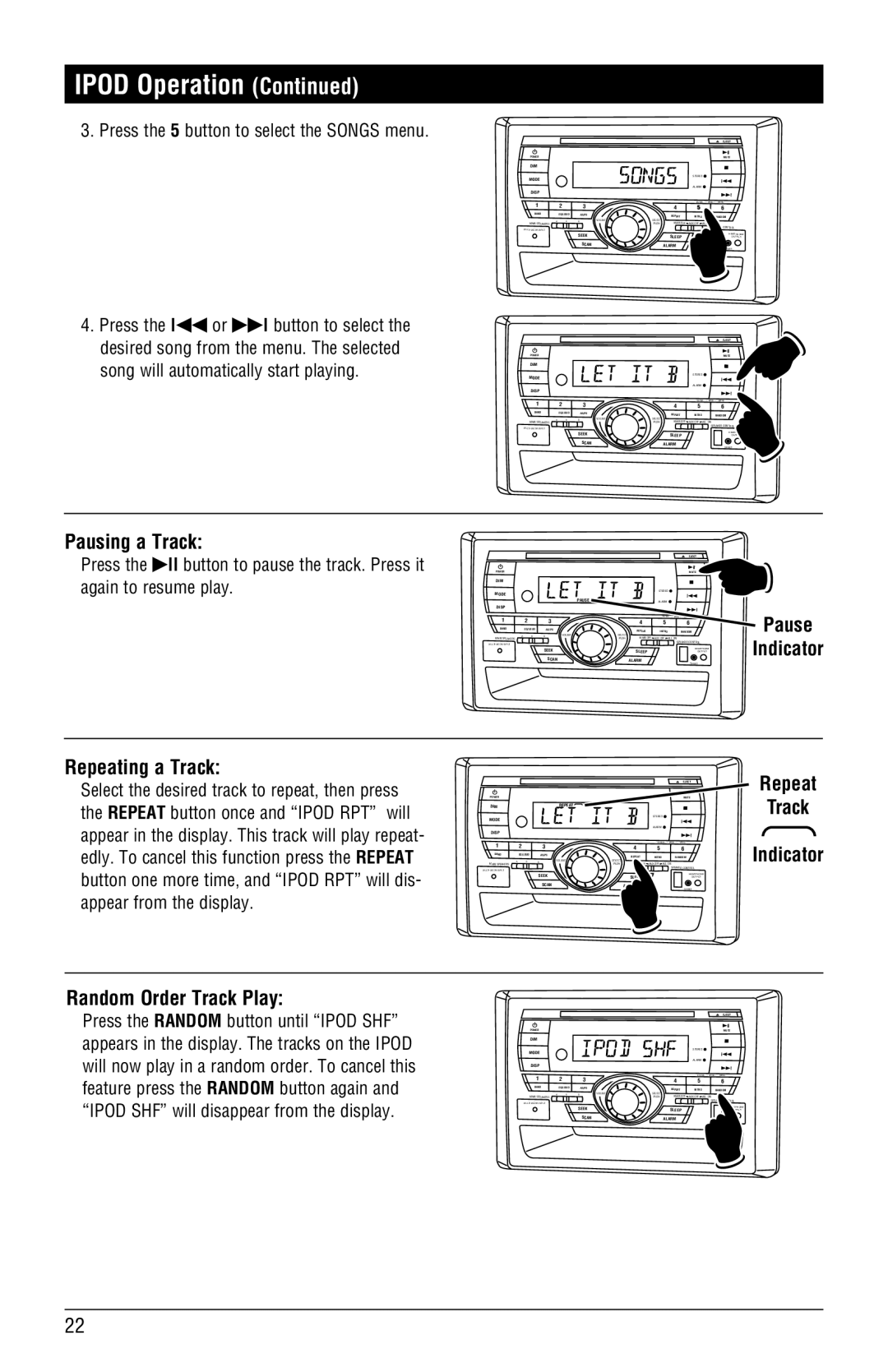 Linear RV5055 Pausing a Track, Pause Indicator Repeating a Track, Repeat Track Indicator Random Order Track Play 