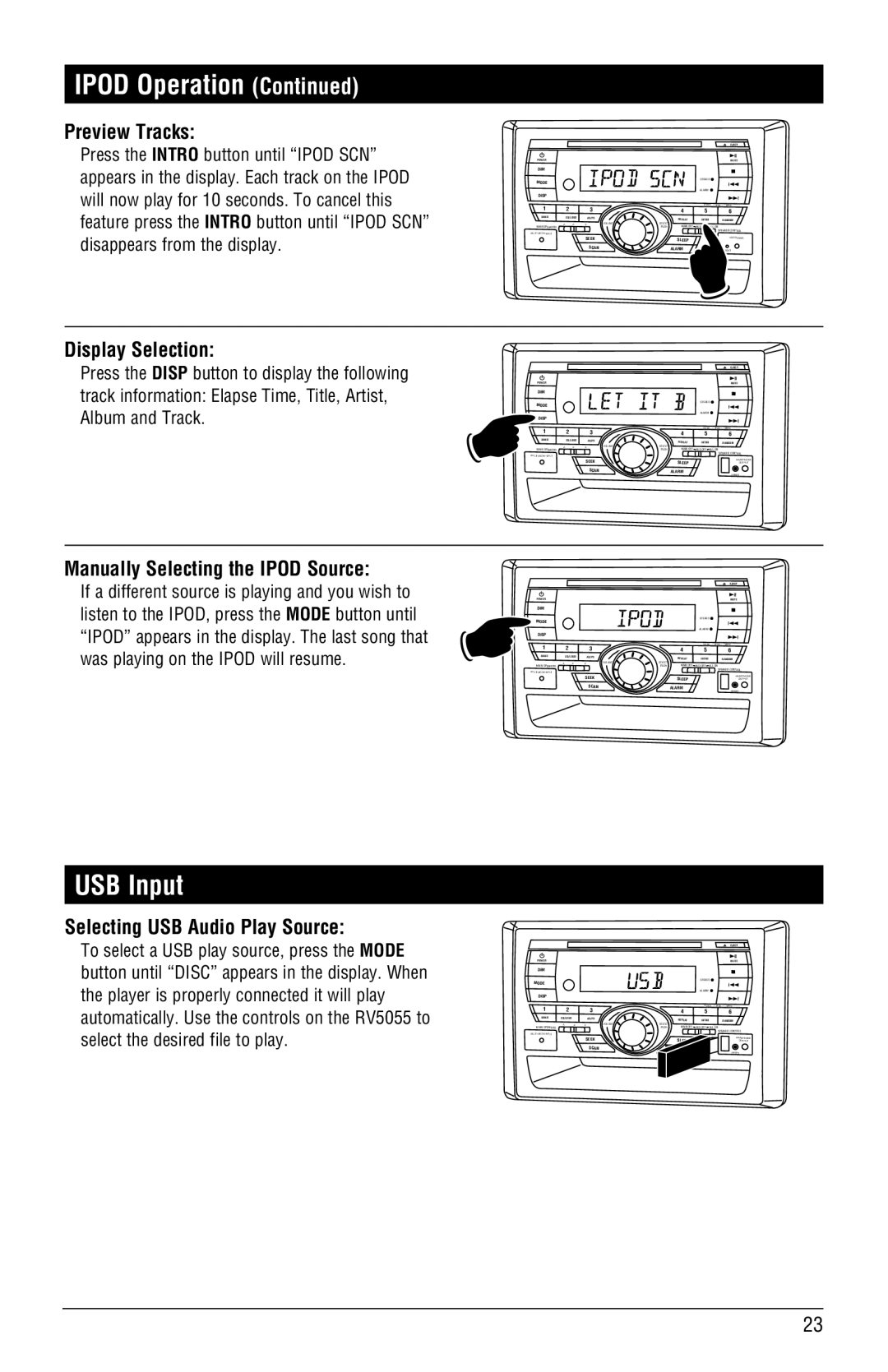 Linear RV5055 USB Input, Preview Tracks, Manually Selecting the Ipod Source, Selecting USB Audio Play Source 