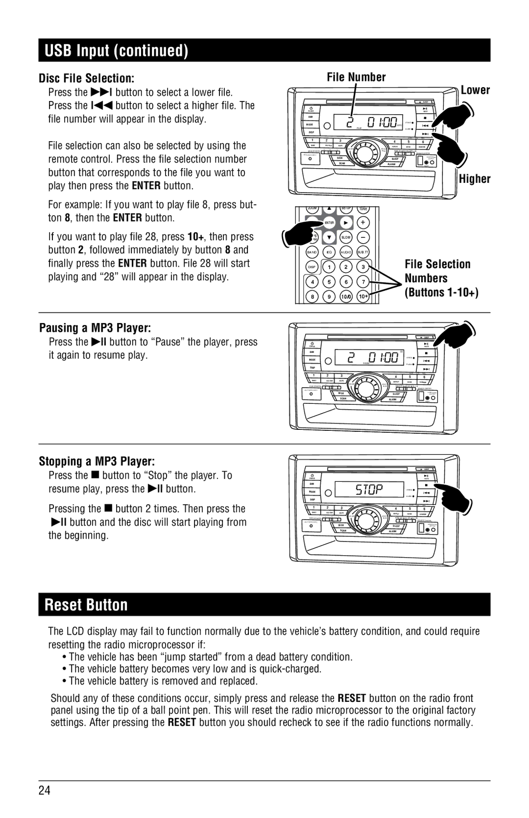 Linear RV5055 installation manual Reset Button, Pausing a MP3 Player, Stopping a MP3 Player 