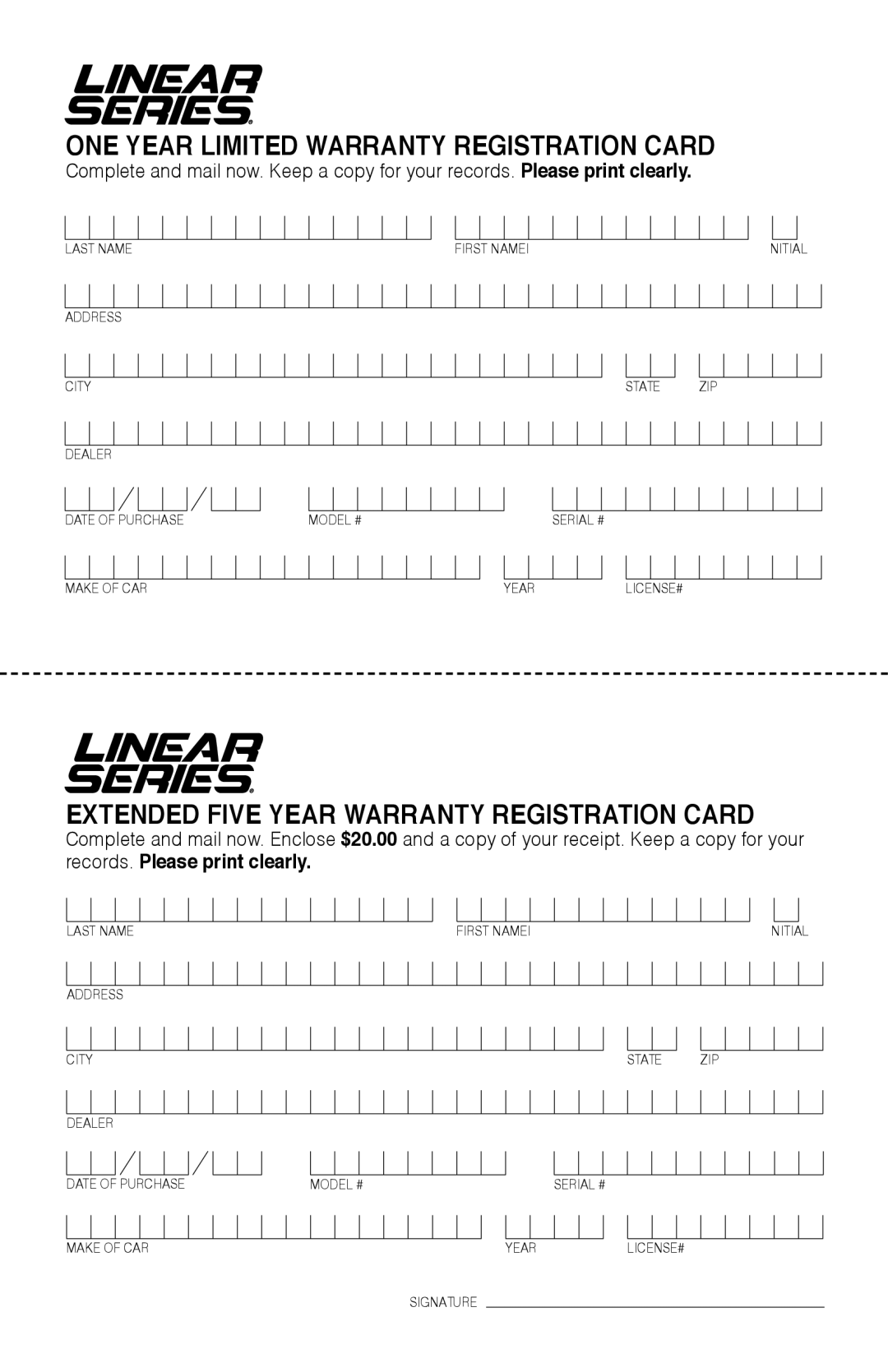 Linear RV5055 installation manual ONE Year Limited Warranty Registration Card, Records. Please print clearly 