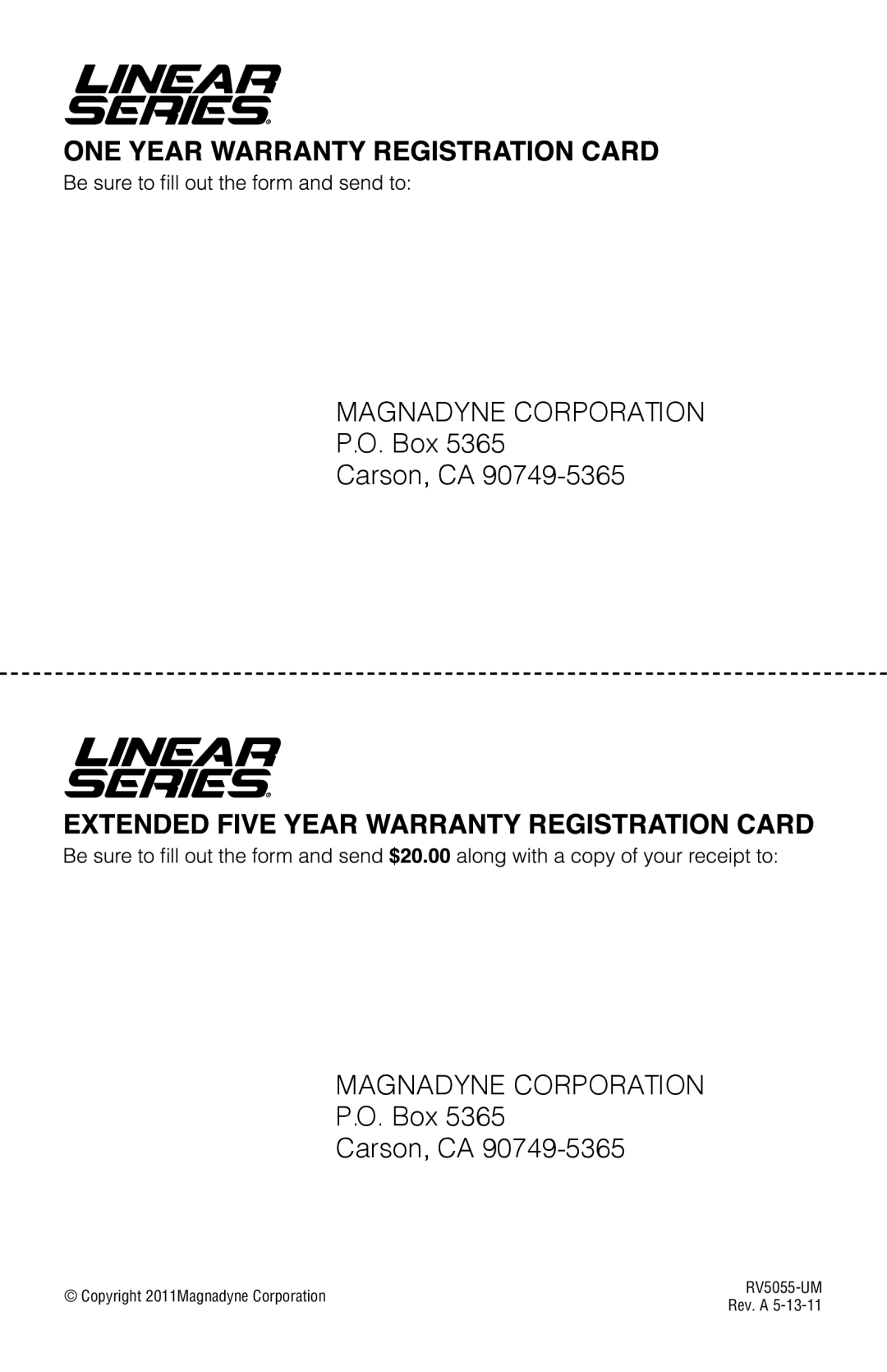 Linear RV5055 installation manual Magnadyne Corporation 