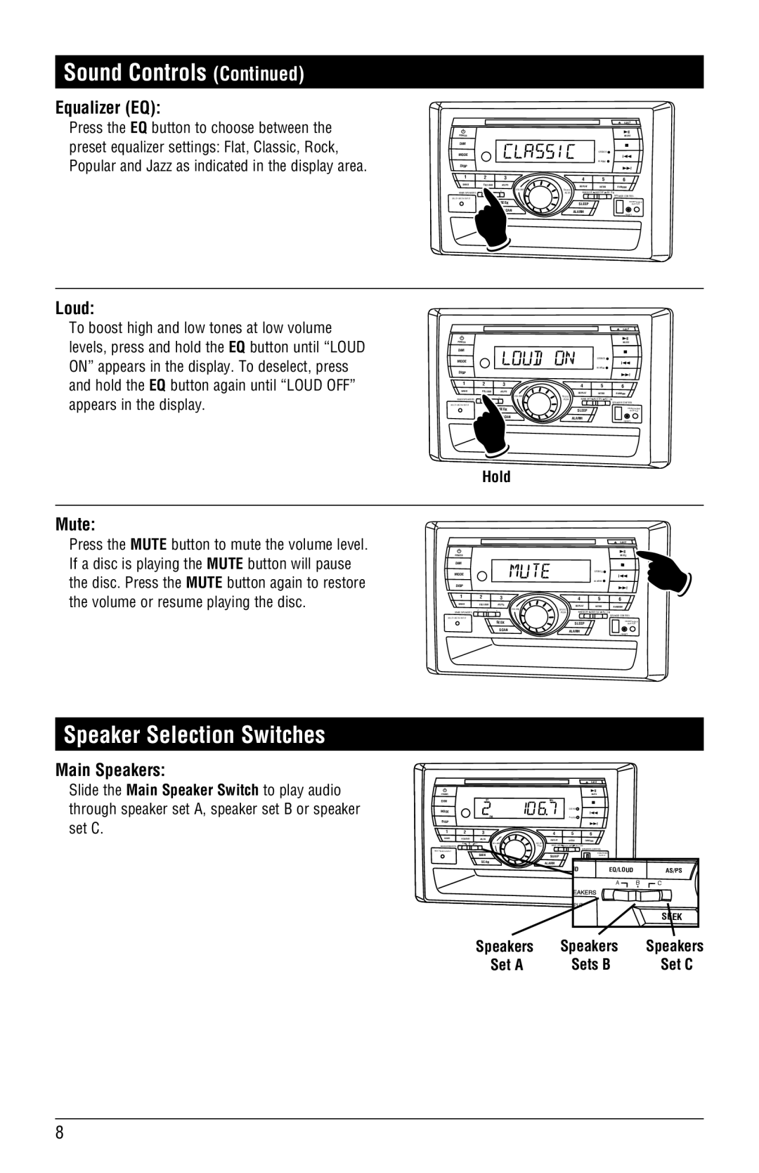 Linear RV5055 installation manual Speaker Selection Switches, Equalizer EQ, Loud, Mute, Main Speakers 