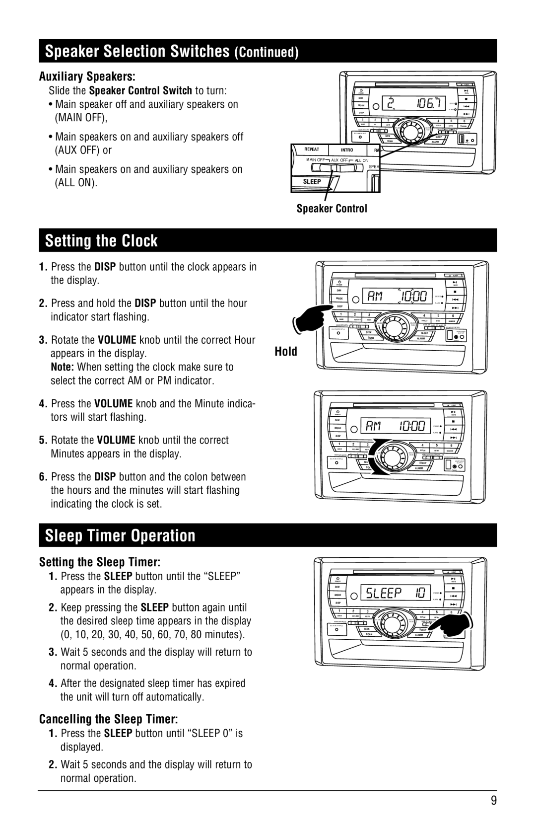 Linear RV5055 installation manual Setting the Clock, Sleep Timer Operation, Auxiliary Speakers, Setting the Sleep Timer 