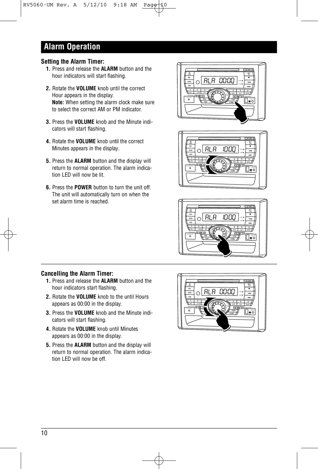 Linear RV5060 installation manual Alarm Operation, Setting the Alarm Timer, Cancelling the Alarm Timer 