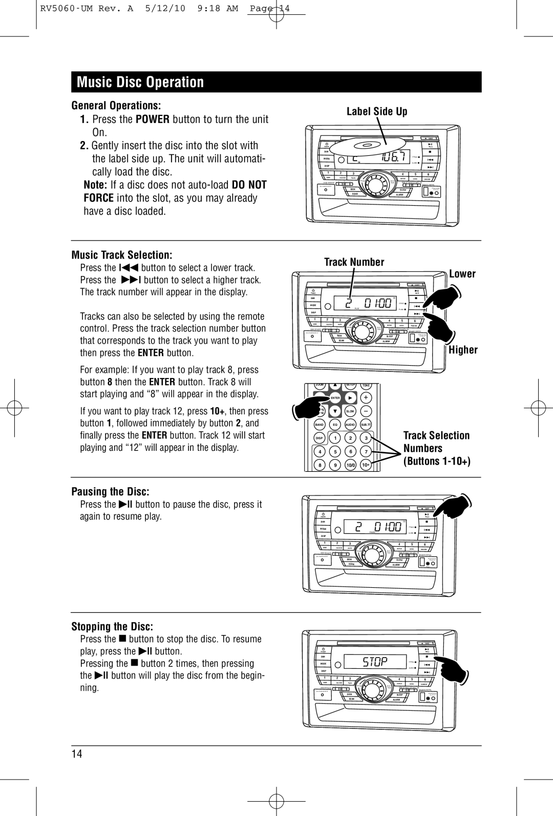 Linear RV5060 installation manual Music Disc Operation 