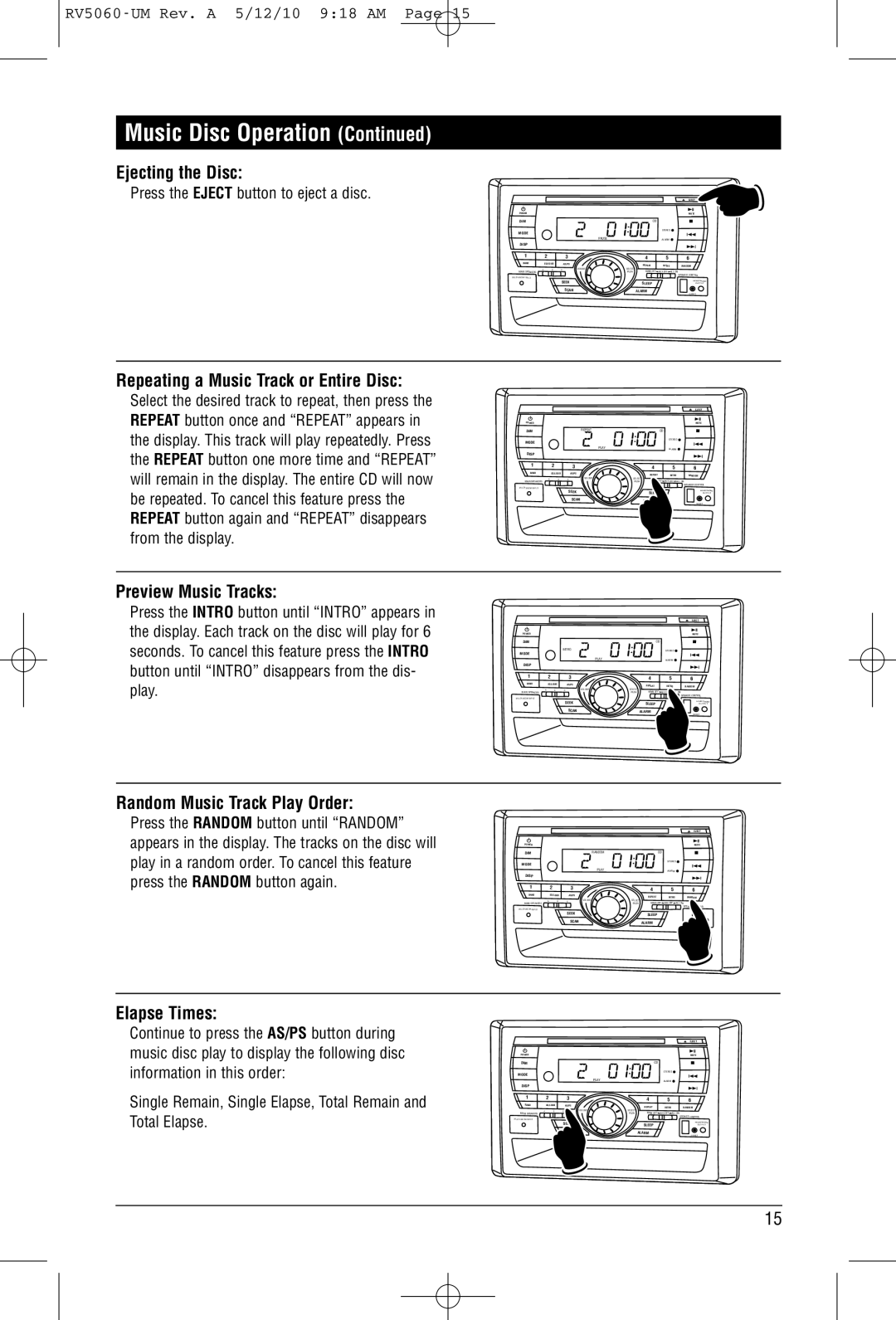 Linear RV5060 Ejecting the Disc, Repeating a Music Track or Entire Disc, Preview Music Tracks, Elapse Times 