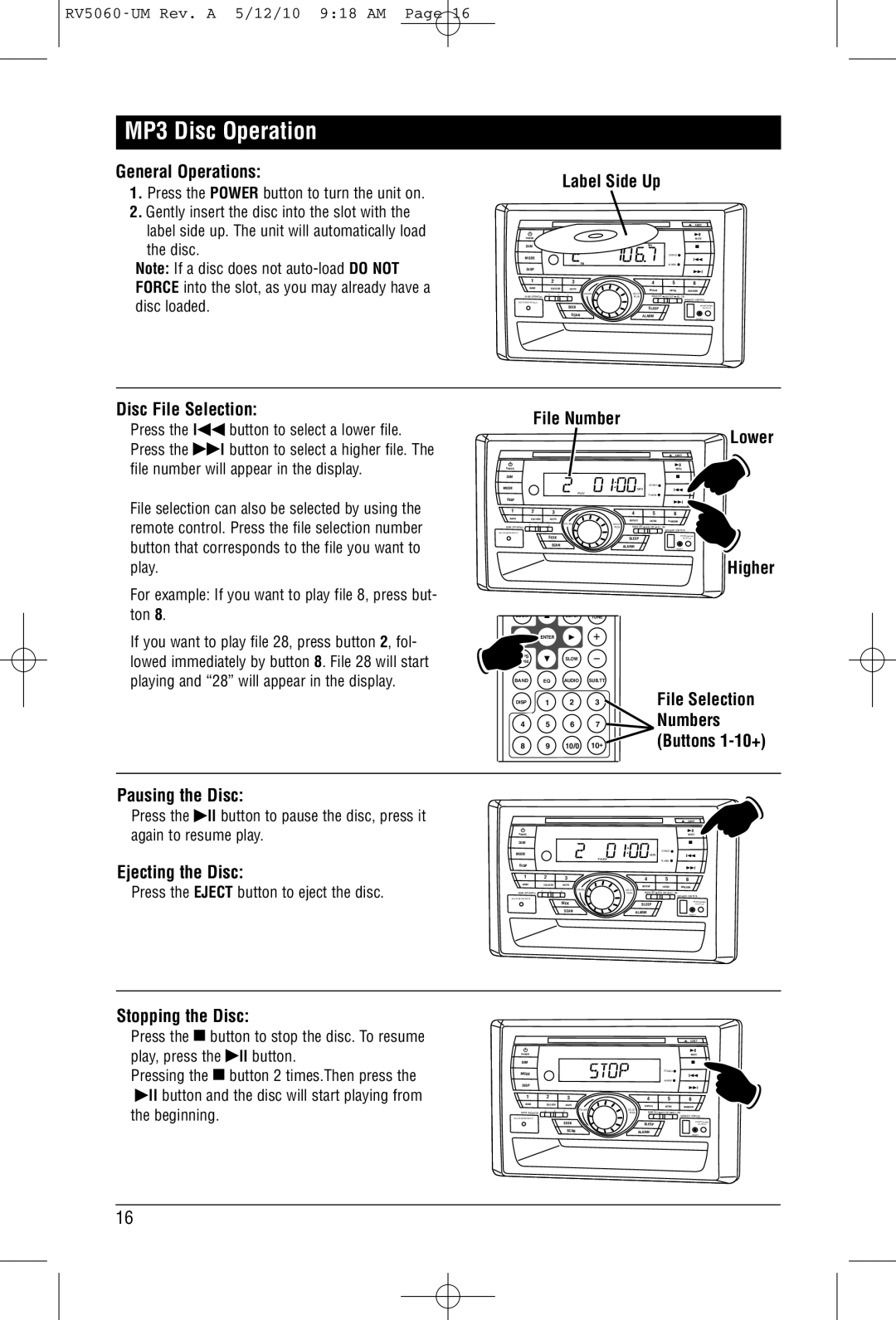 Linear RV5060 installation manual MP3 Disc Operation, Disc File Selection 