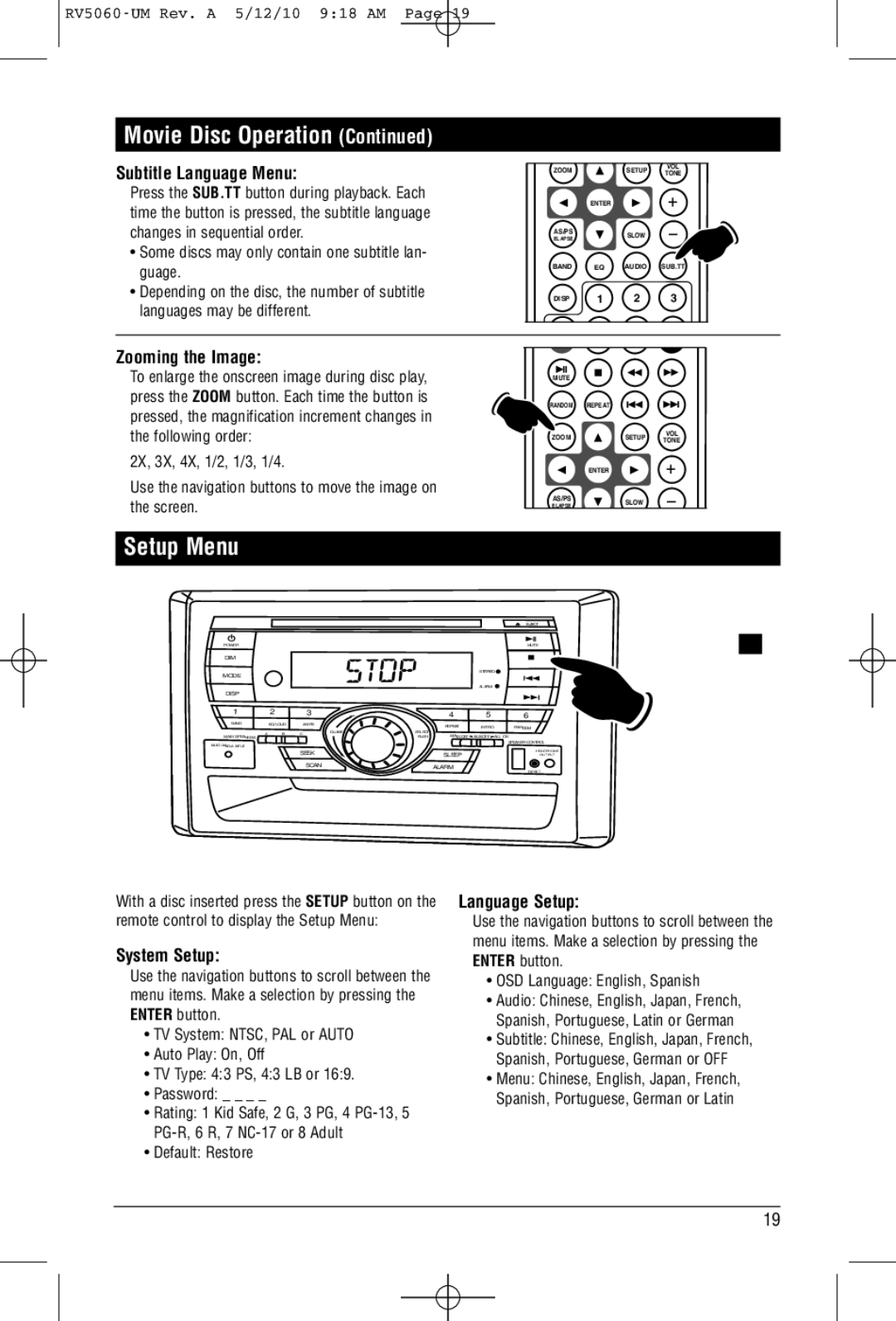 Linear RV5060 installation manual Setup Menu, Subtitle Language Menu, Zooming the Image, Language Setup, System Setup 