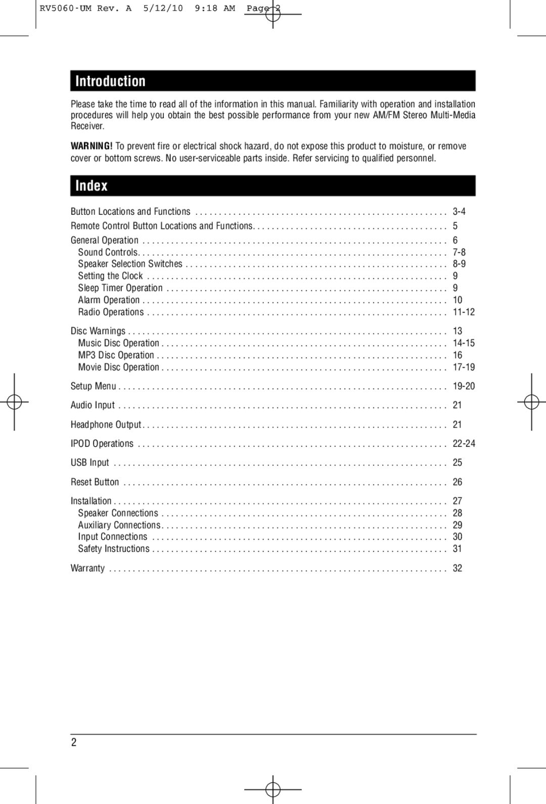 Linear RV5060 installation manual Introduction, Index 