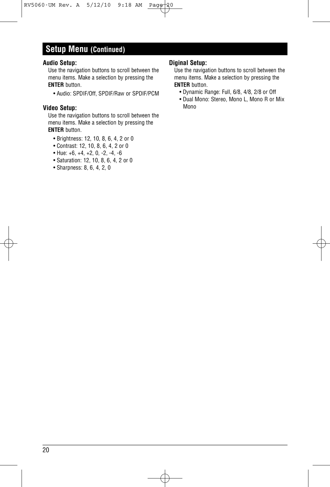 Linear RV5060 installation manual Audio Setup, Video Setup, Diginal Setup 