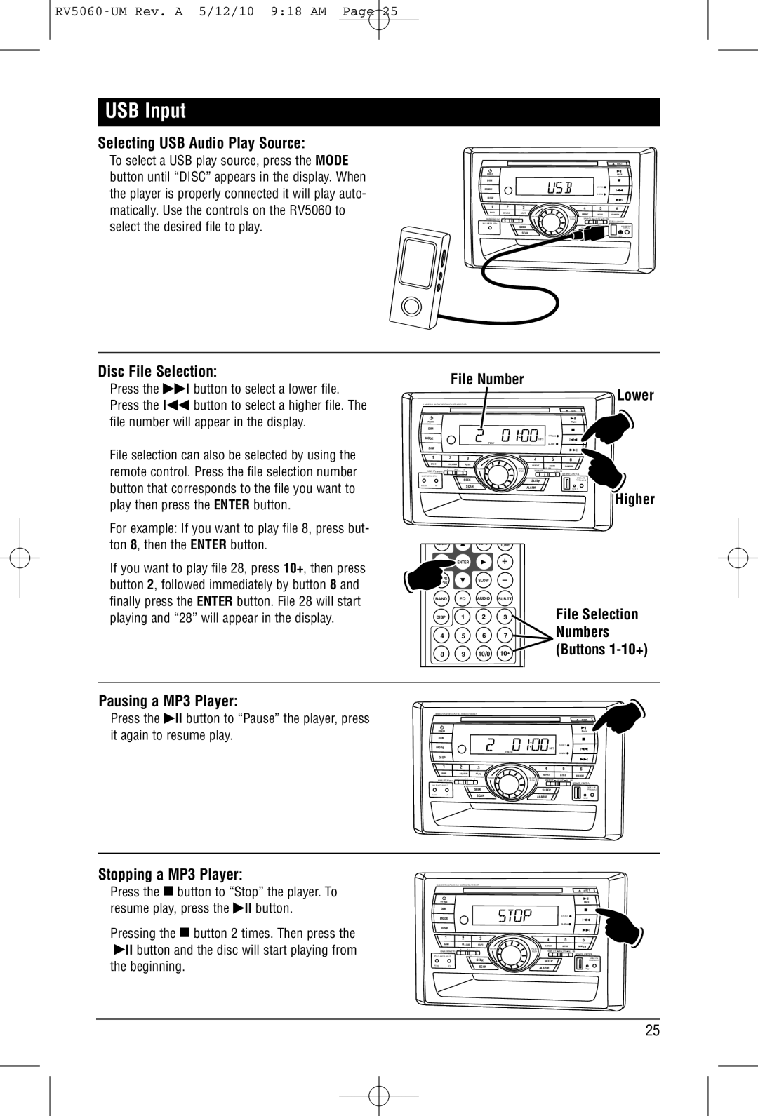 Linear RV5060 installation manual USB Input, Selecting USB Audio Play Source, Pausing a MP3 Player, Stopping a MP3 Player 