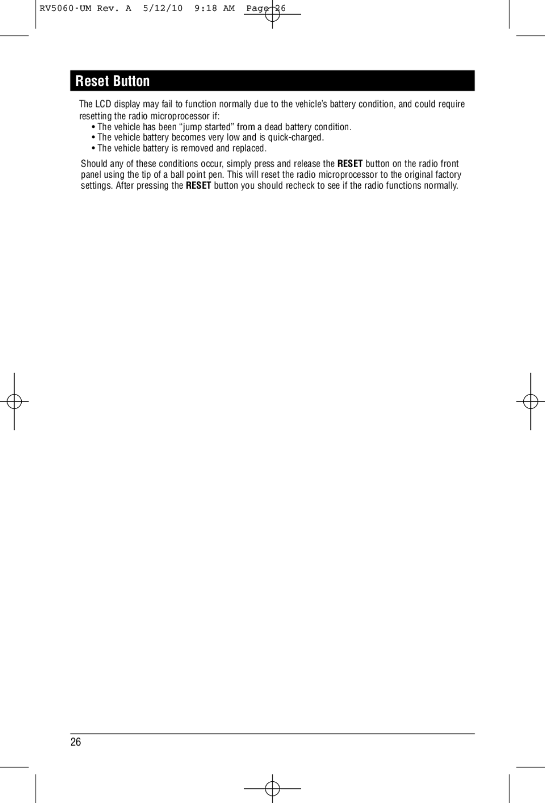 Linear RV5060 installation manual Reset Button 