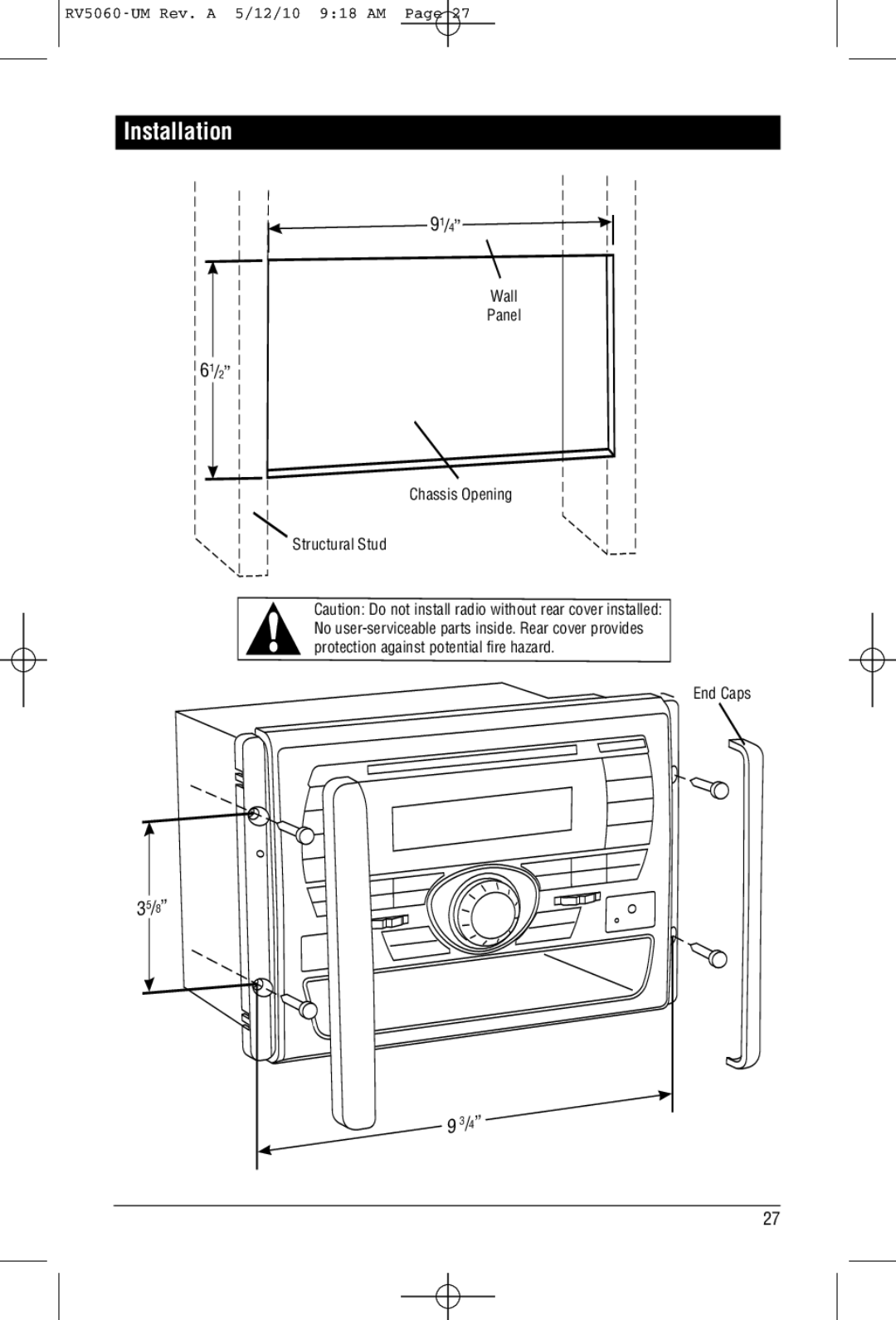 Linear RV5060 installation manual Installation, Wall Panel Chassis Opening Structural Stud End Caps 