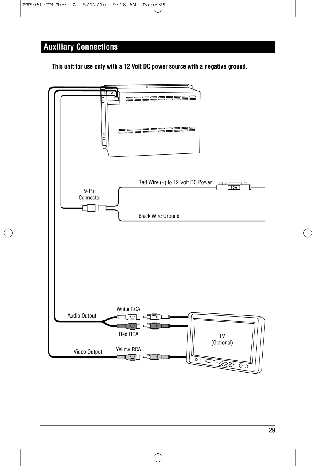 Linear RV5060 installation manual Auxiliary Connections, White RCA Audio Output, Video Output 