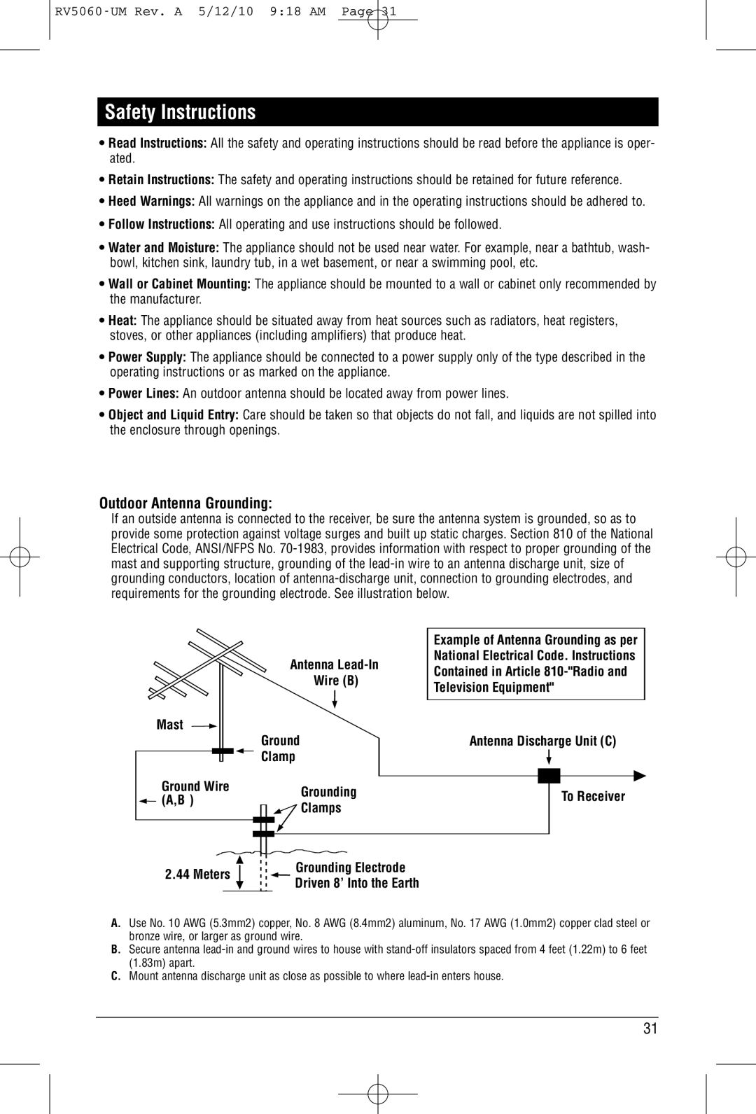 Linear RV5060 installation manual Safety Instructions, Outdoor Antenna Grounding 