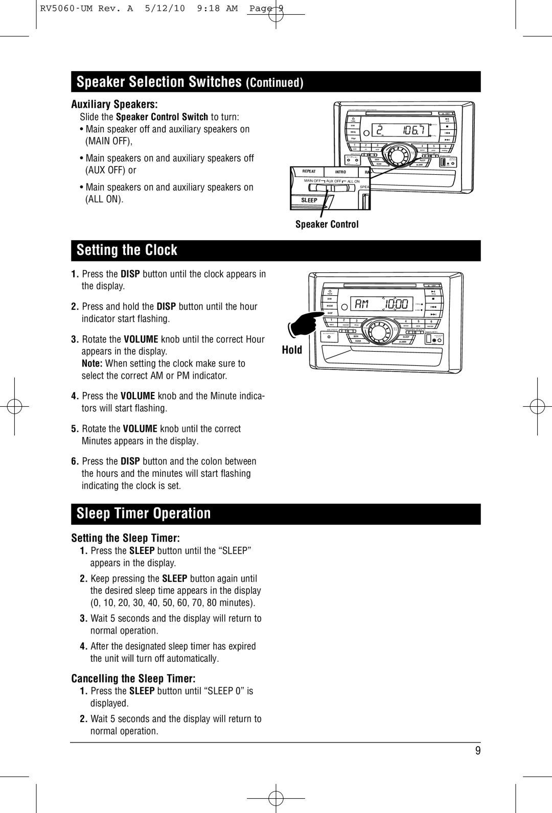 Linear RV5060 installation manual Setting the Clock, Sleep Timer Operation, Auxiliary Speakers, Setting the Sleep Timer 