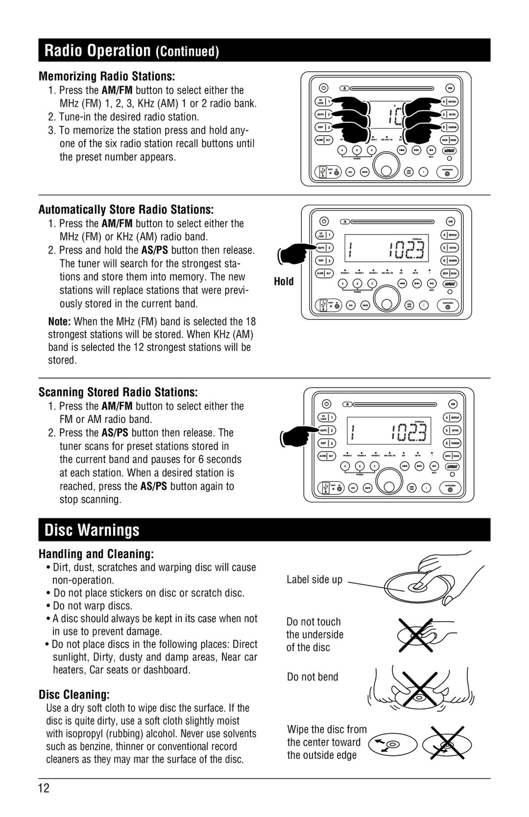 Linear RV5080 installation manual Radio Operation, Disc Warnings 