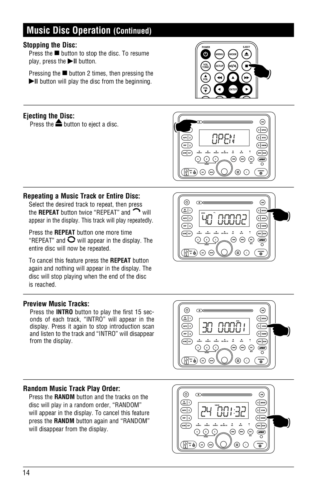 Linear RV5080 Stopping the Disc, Ejecting the Disc, Repeating a Music Track or Entire Disc, Preview Music Tracks 