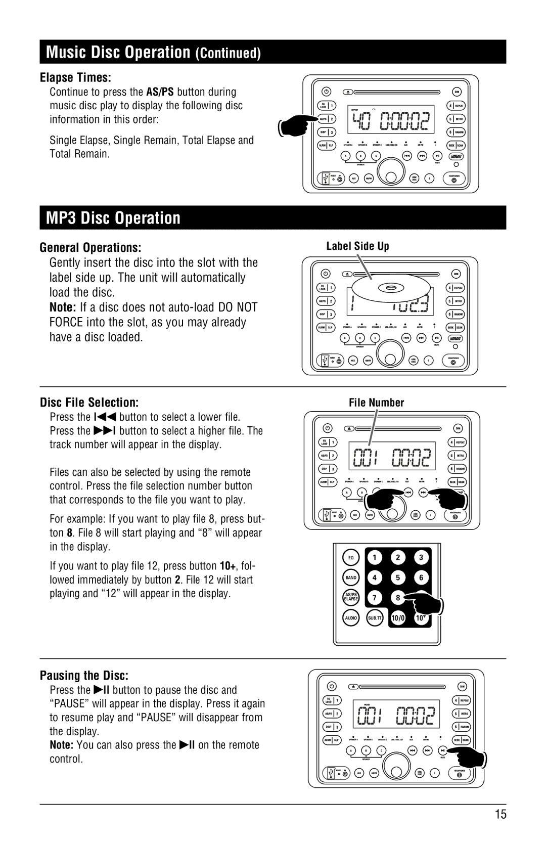 Linear RV5080 installation manual MP3 Disc Operation, Elapse Times, Disc File Selection 